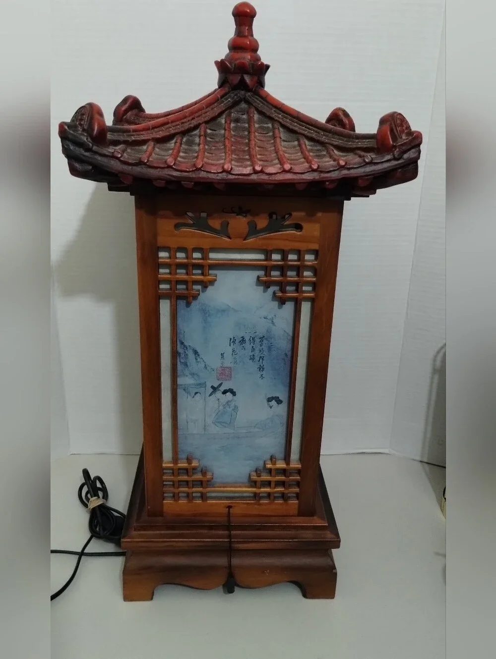 Asian Pagoda Table Lamp Wood Carved And Hand Painted Brown and Red